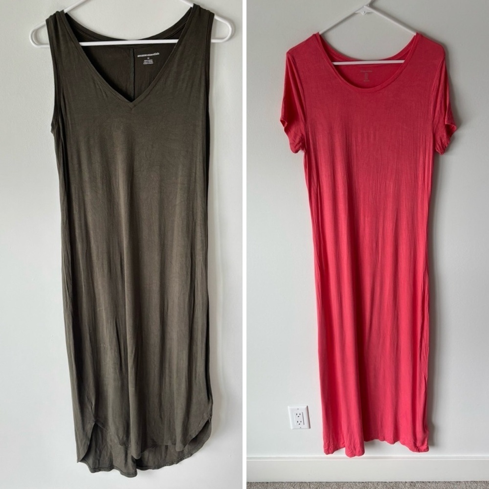 Lot of 2 Amazon Essentials Midi Sun Dresses Pink Army Green Flowy Summer